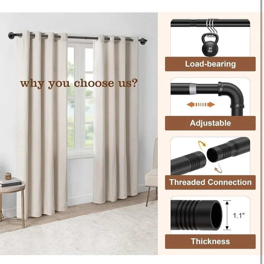 Curtain Rods for Windows 16 to 120 In Heavy Duty Industrial Curtain Rods 2 pack